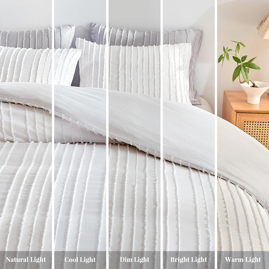 White Boho Duvet Cover Set King, Striped Textured Duvet Cover Tufted Bedding Set, 3 Pcs Ultra Soft Washed Microfiber