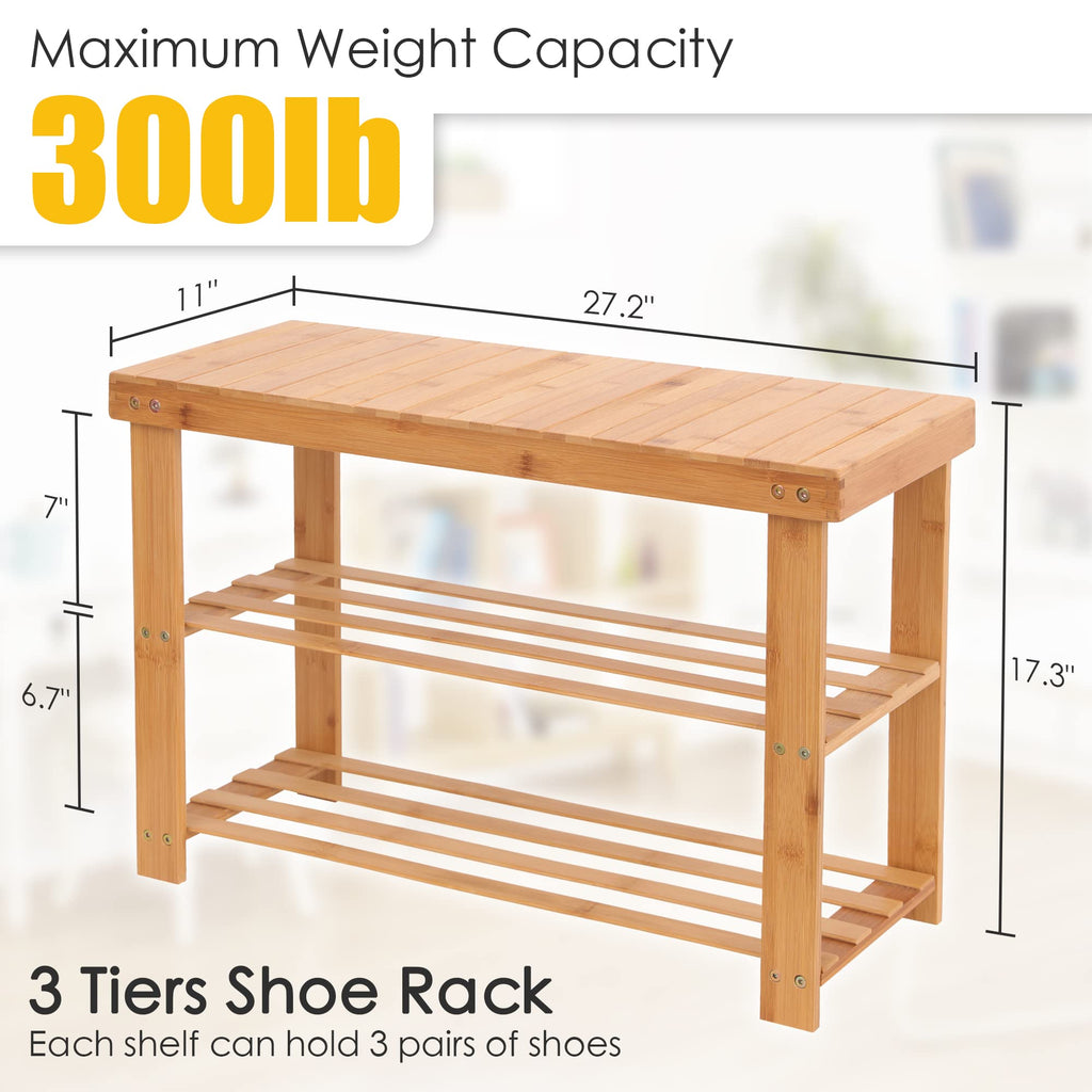 Shoe Rack Bench, 3-Tier Bamboo Shoe Organizer, Storage Shoe Shelf, Entryway Bench, Holds up to 300lbs