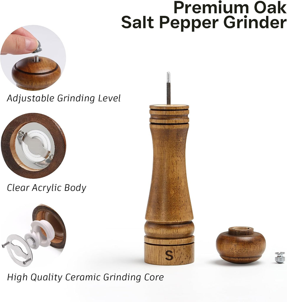 Wooden Salt and Pepper Grinder Set, Premium Oak Wood Salt Grinders Shakers, Manual Pepper Mill with S and P - Set of 2