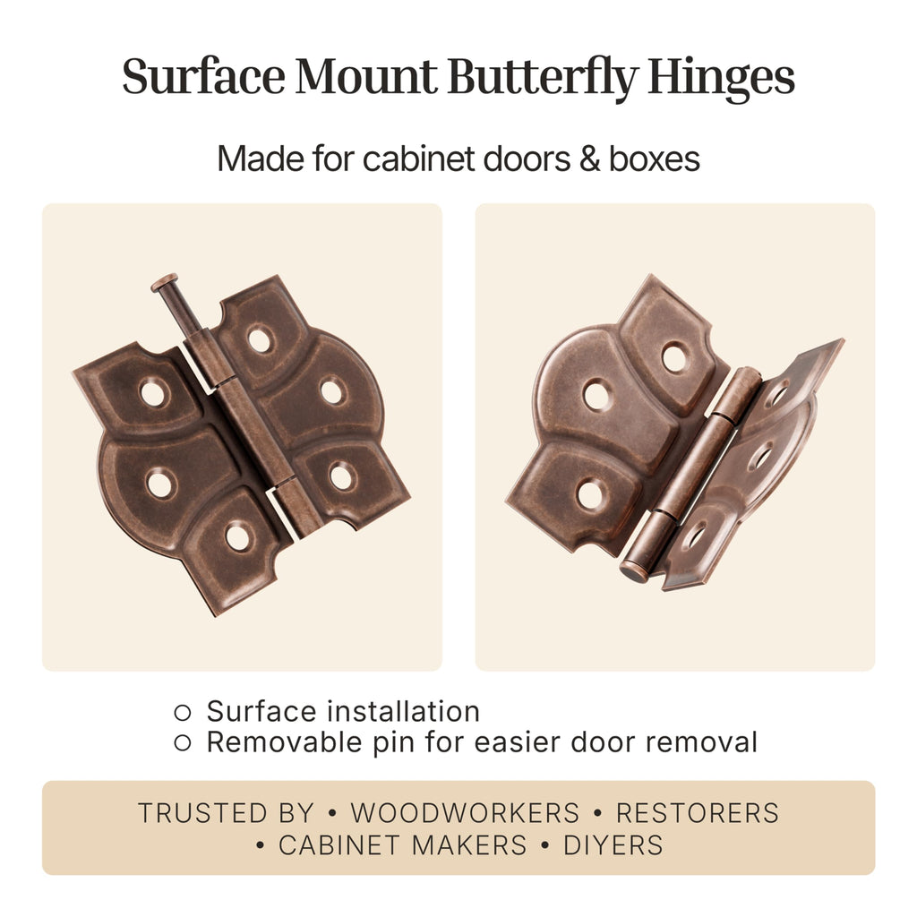 Antique Copper Butterfly Hinges with Removable Pin - Pack of 16 - Surface Mount Cabinet Door Hinges - (8)