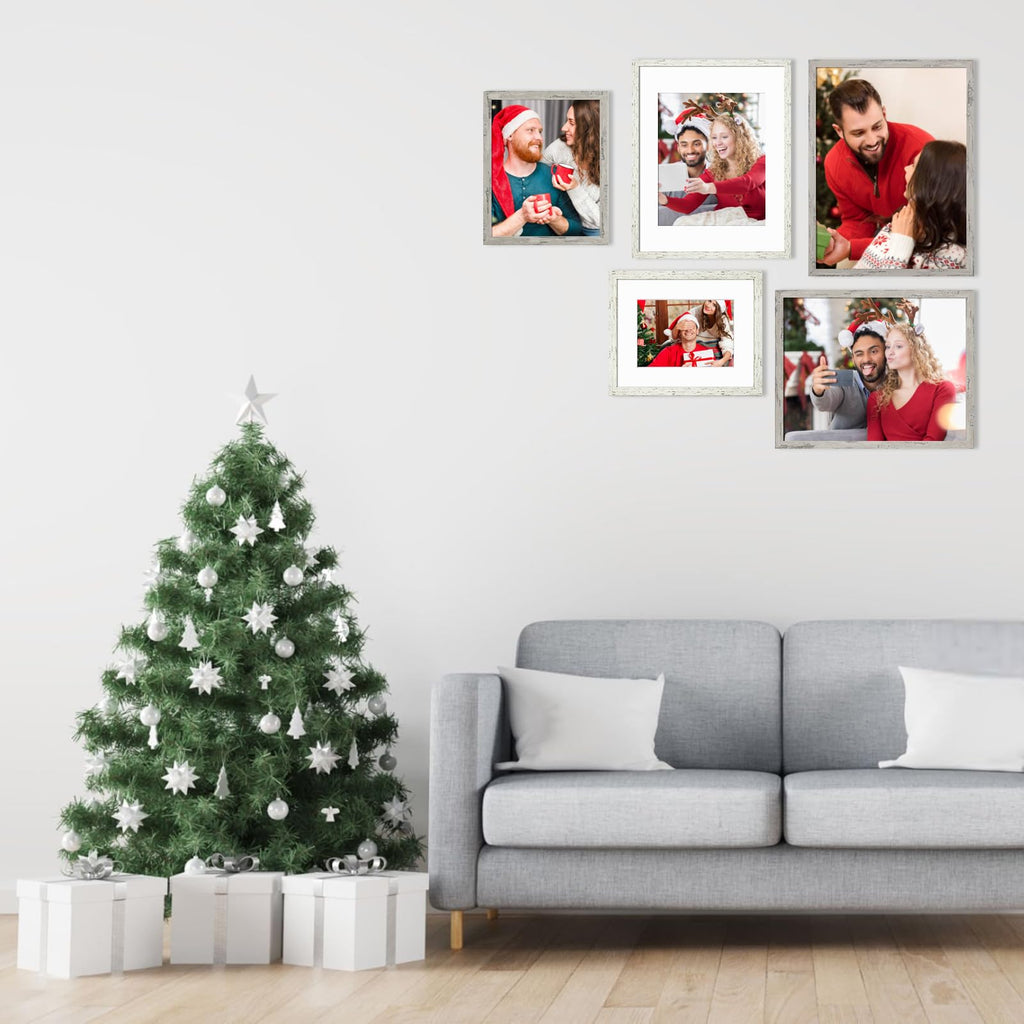 8x10 Picture Frame Set with Mat for Wall Collage - 6 pcs Distressed White Farmhouse Photo Frames for Hanging Wall or