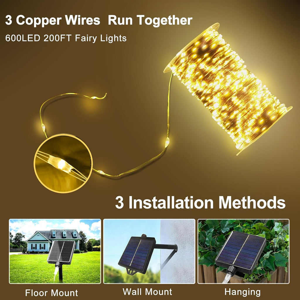 203FT 600LED Solar Fairy String Lights Outdoor Warm White 8 Modes