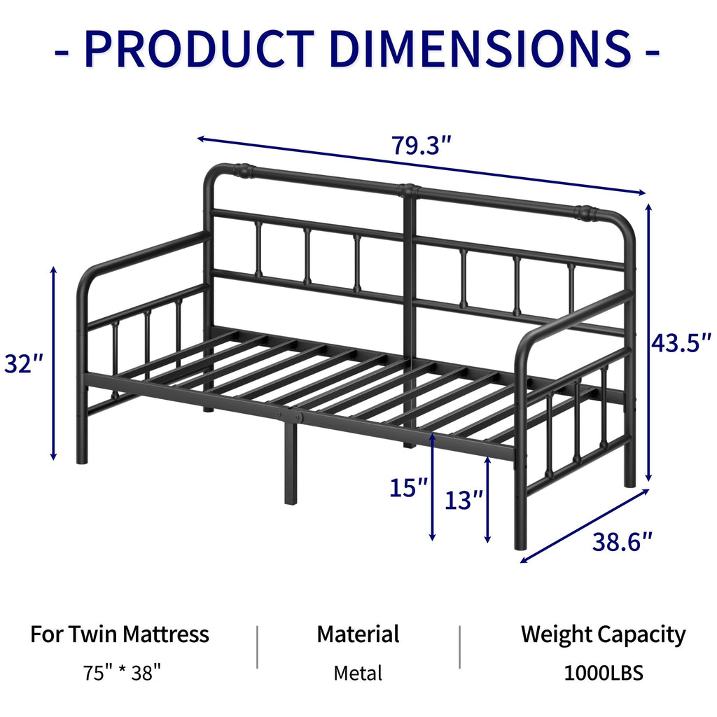 14 Inch Daybed Twin Metal Bed Frame with Headboard (Modern)