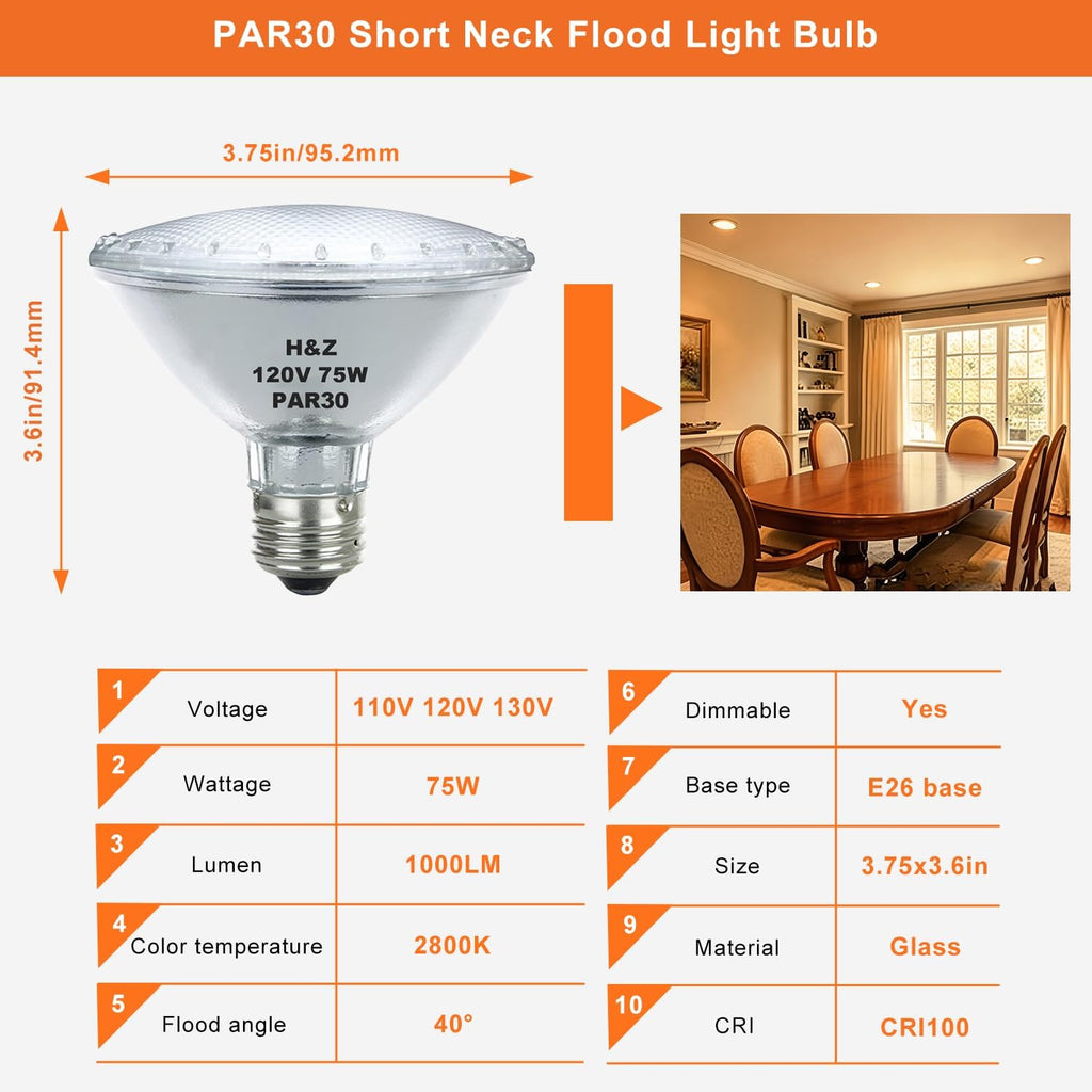 Par30 Short Neck Halogen Flood Light Bulb 75W 120V Warm White 3000K