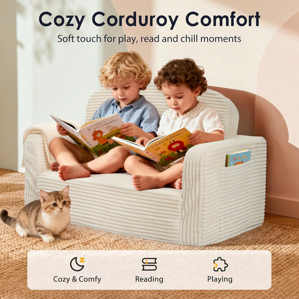 Extra Wide 2 in 1 Convertible Toddler Kids Couch - Corduroy Fold Out Kids Sofa Chair with Blanket, Comfy Comfortable