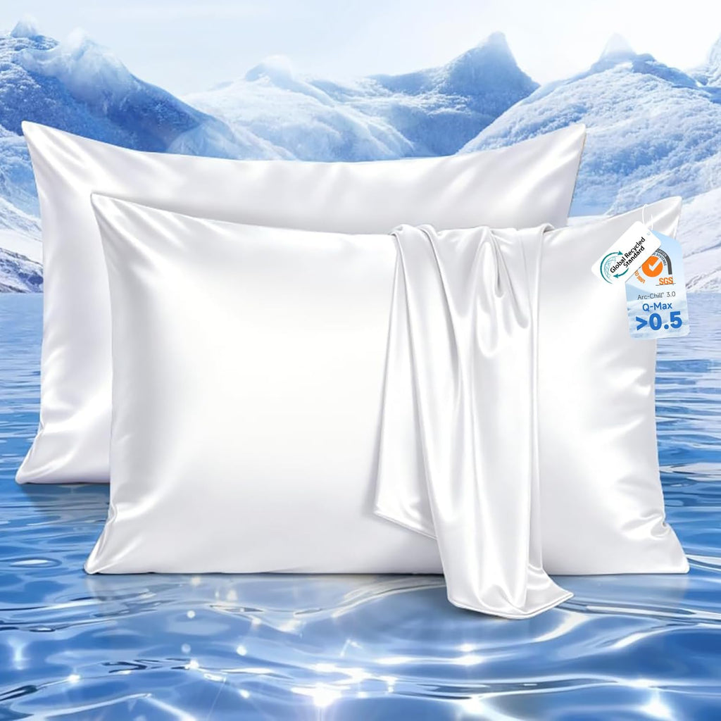Cooling Satin Pillowcase for Hair & Skin with Zipper 20" x 30" and Cooling Blanket Stripe 90" x 108" White Bundle