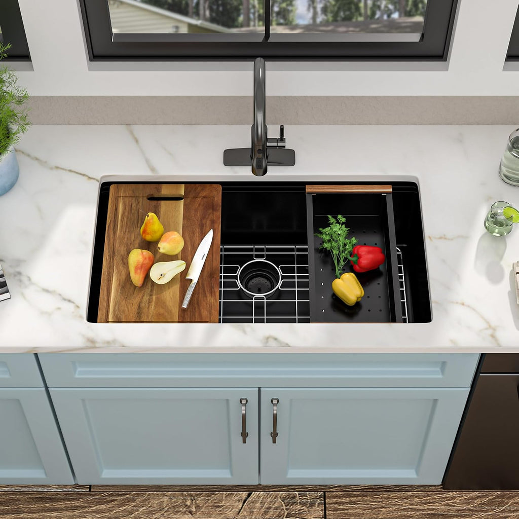 30" x 19" Undermount Matte Black Workstation Kitchen Sink | 16 Gauge T304 Stainless Steel Single Bowl Sink with