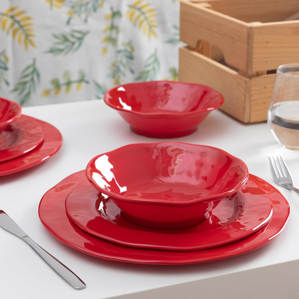 Red Melamine Dinnerware Sets, 18-Piece Melamine Dishes Set, Lightweight and Chip Resistant, Durable Plates and Bowls