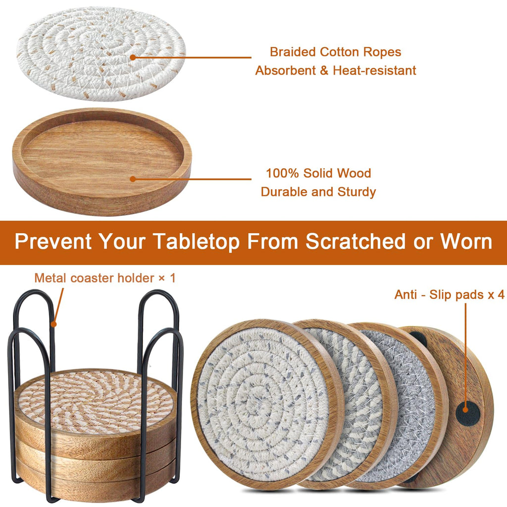 Coasters for Drinks Absorbent Sets of 8, Woven Coasters with Holder, Wood Coasters for Coffee Table, Housewarming