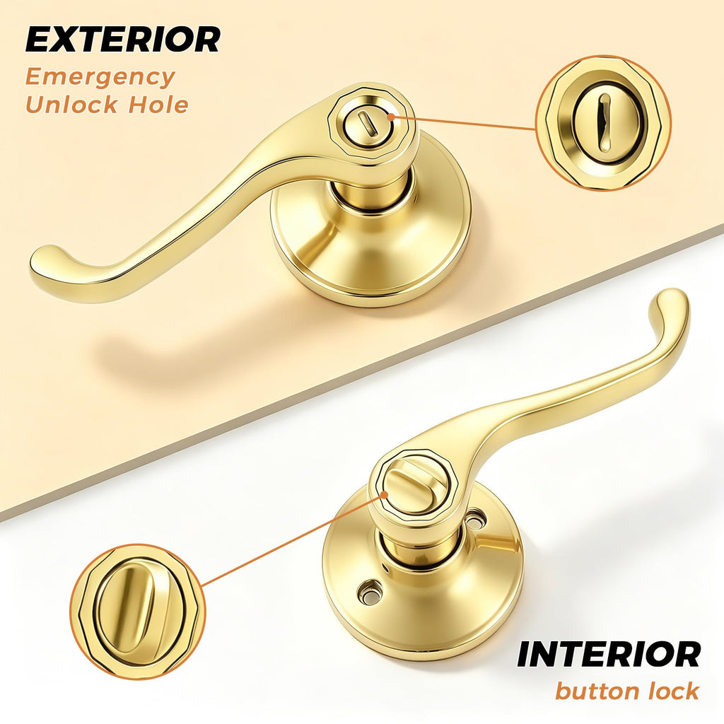 Scroll Privacy Door Lever, Gold Door Handle Interior, Reversible for Left/Right Handed Door, Polished Brass Door