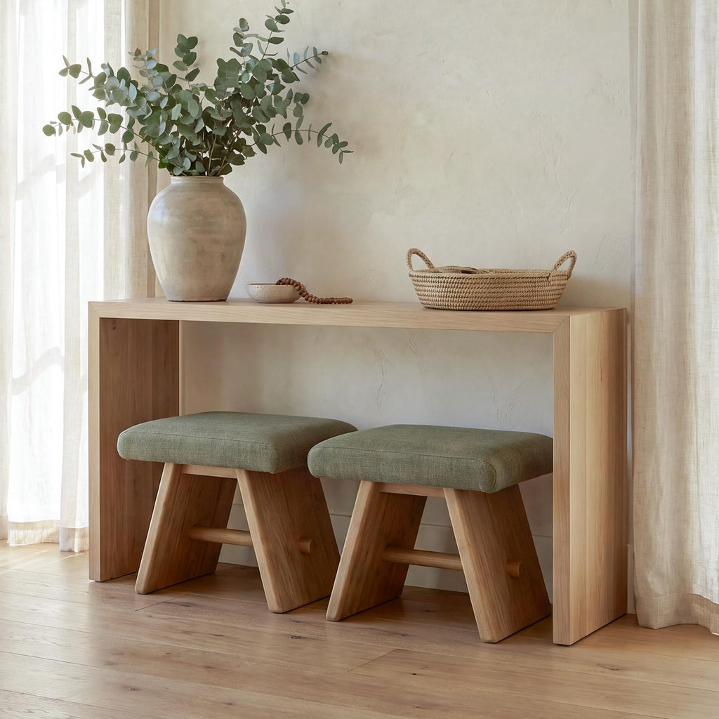 Upholstered Green Ottoman, Reclaimed Pine Wood Sculptural Base