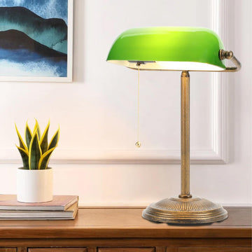 Bankers Desk Lamp, Green Glass Shade, Vintage Desk Lamp with Pull Chain Switch, Retro Table Lamps (Retro Gold+Green