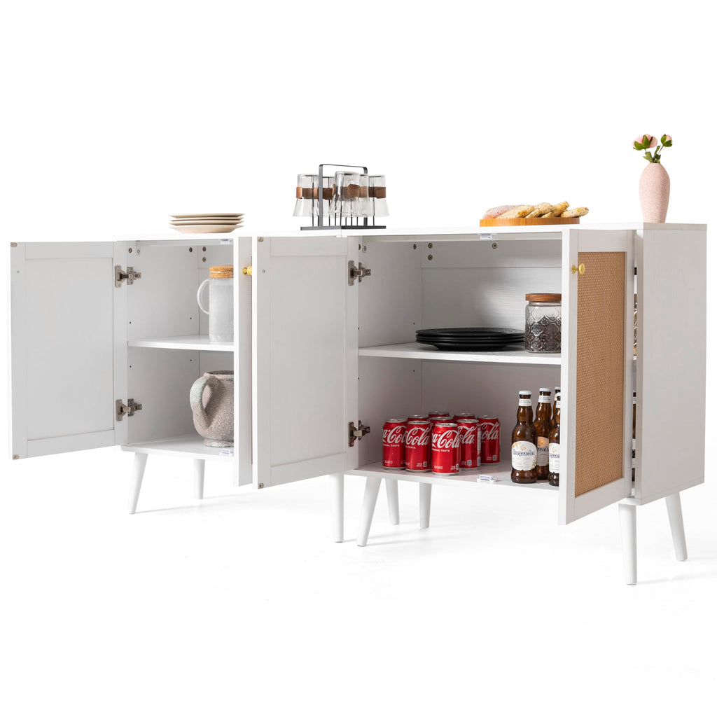 Boho Accent Storage Cabinet with Rattan Doors, Wood Grain Sideboard Buffet with Adjustable Shelves, Coffee Bar, White
