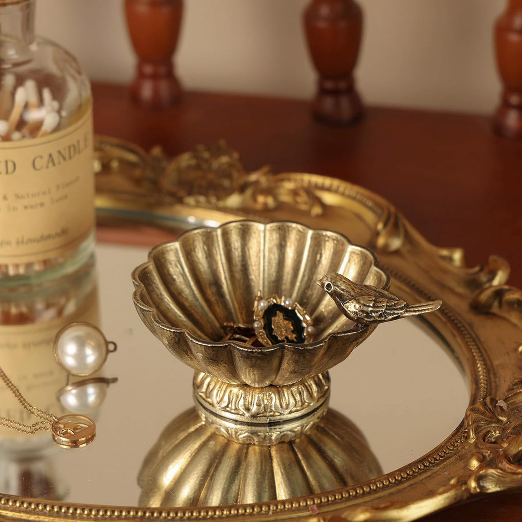 Vintage Gold Bird Jewelry Bowl, Small Metal Ring Trinket Dish