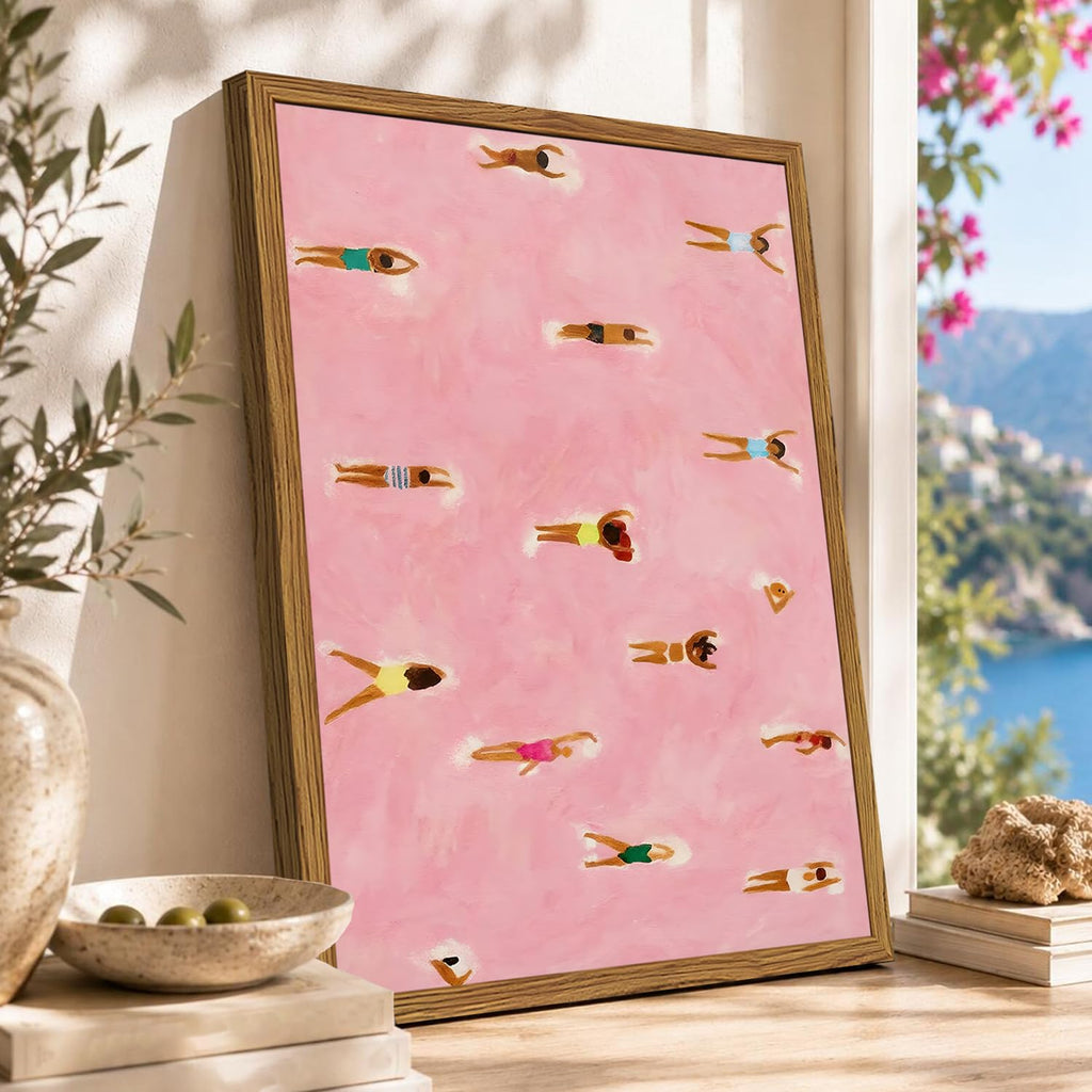 Framed Pink Tiny people Swimming Wall Art, Abstract Beach Swimmers Pictures Wall Decor, Minimalist Coastal Paintings