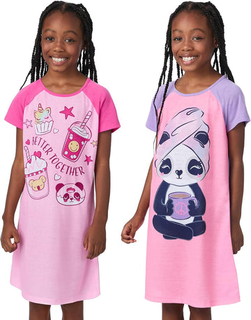 Kids Girls 2 Pack Nightgowns Pajamas Dress - Long or Short Sleeve
