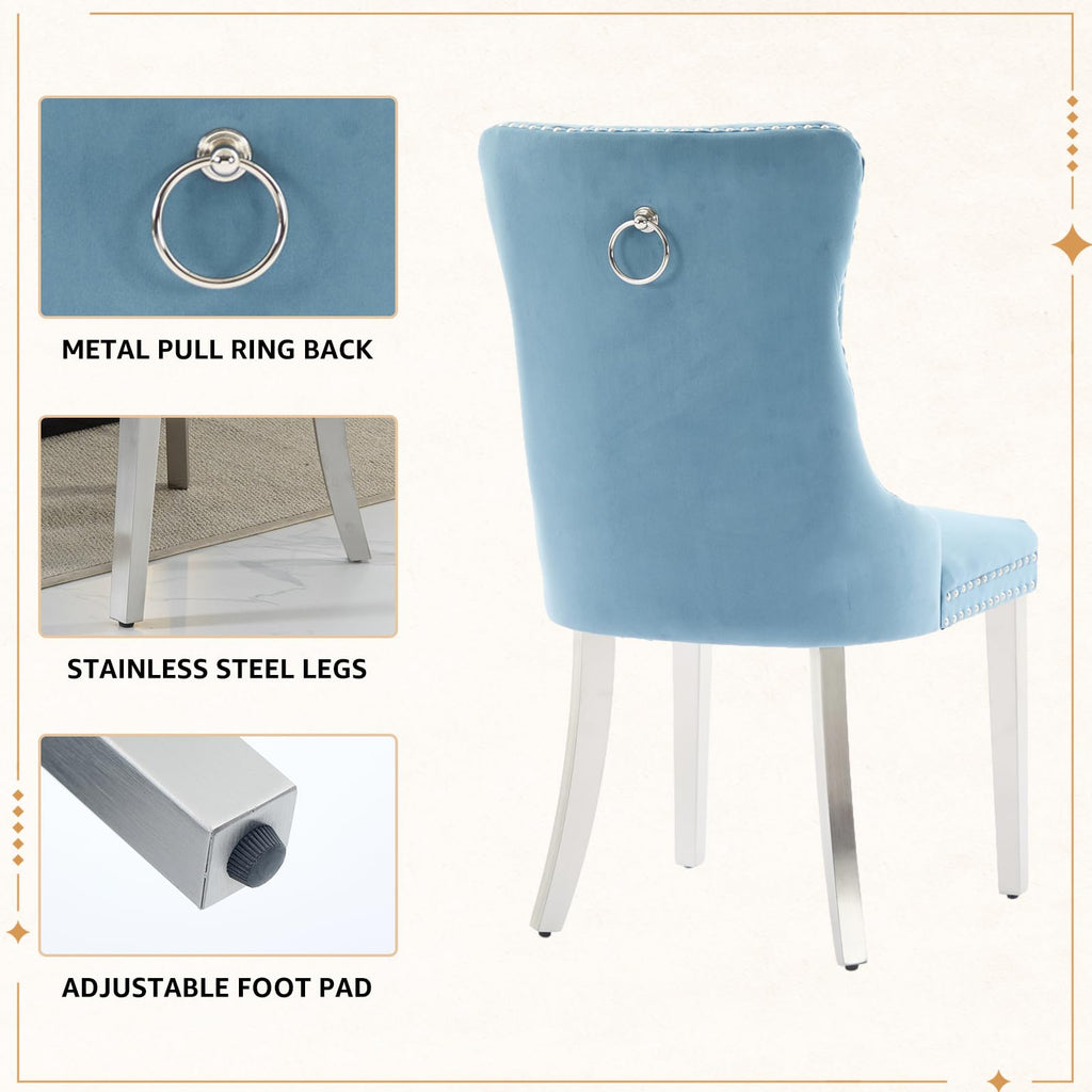 Velvet Dining Chairs Set of 4, Tufted Upholstered High Wingback Chairs with Nailhead Trim & Pull Ring, Silver