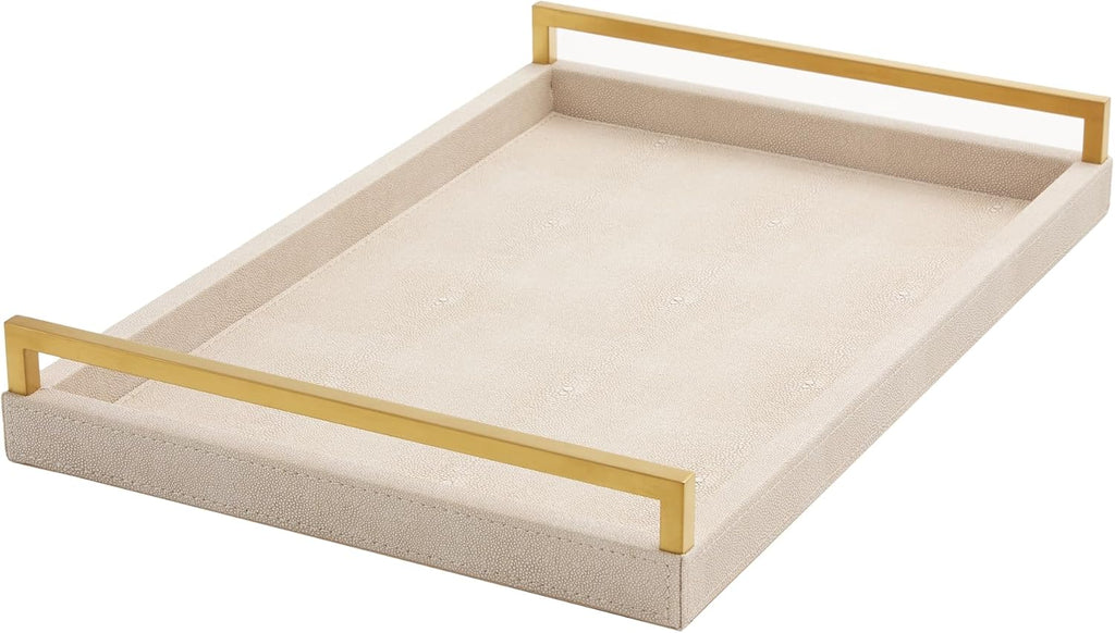 Ivory Shagreen Leather Serving Tray with Gold Handles-17.7x11.8 Inch Large Wooden Decorative Ottoman Tray fro Coffee