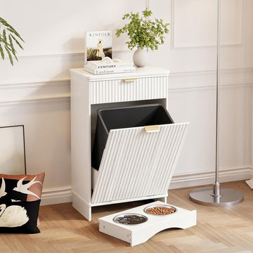 Tilt-Out Trash Cabinet with Dog Feeding Station, Pet Food Storage, White