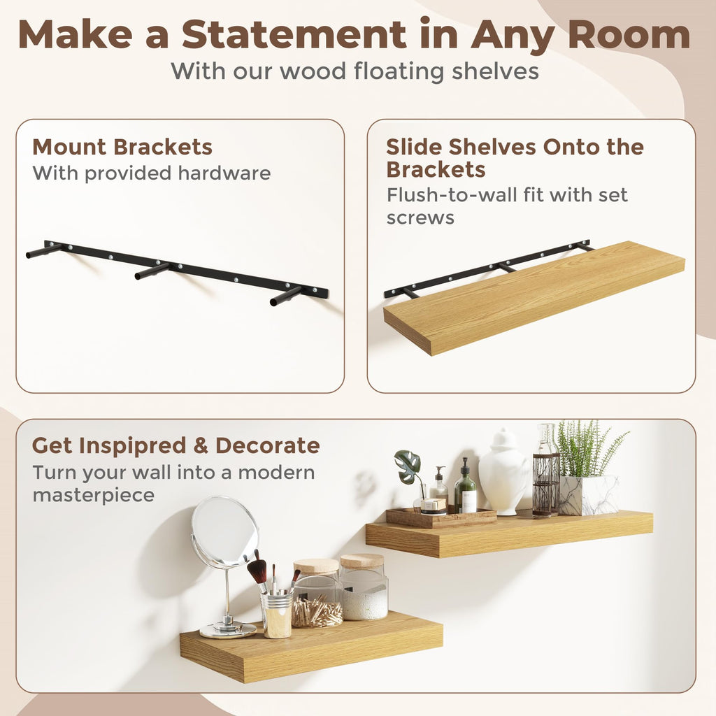 12 Inch Deep Floating Shelves, 60 Inch Long Extra Large Floating Shelves, Wall Shelves with Invisible Bracket, Oak