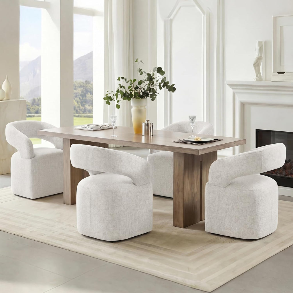 Upholstered Dining Chairs Set of 2, Modern Arm Kitchen & Dining Room Chairs with Hidden Casters, Linen Fabric Padded