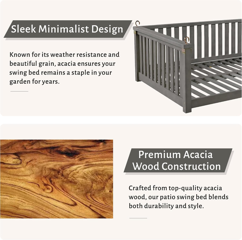 Twin Size Porch Swing Bed, Acacia Wood Hanging Daybed with Ropes for Outdoor Patio, Backyard & Garden, Heavy Duty