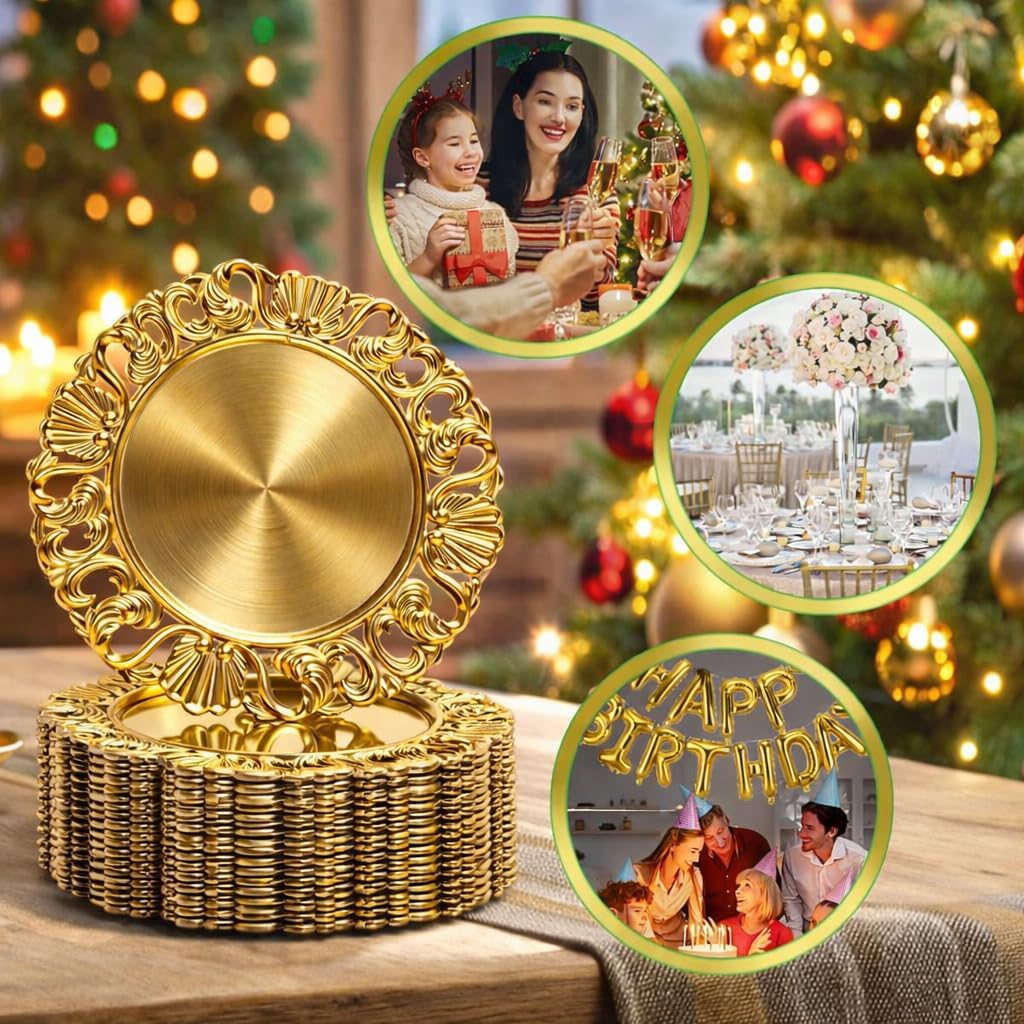 13in Charger Plates- Antique Gold Chargers for Dinner Plates- Round Plastic Hollowed Plate Charger - Set of 12