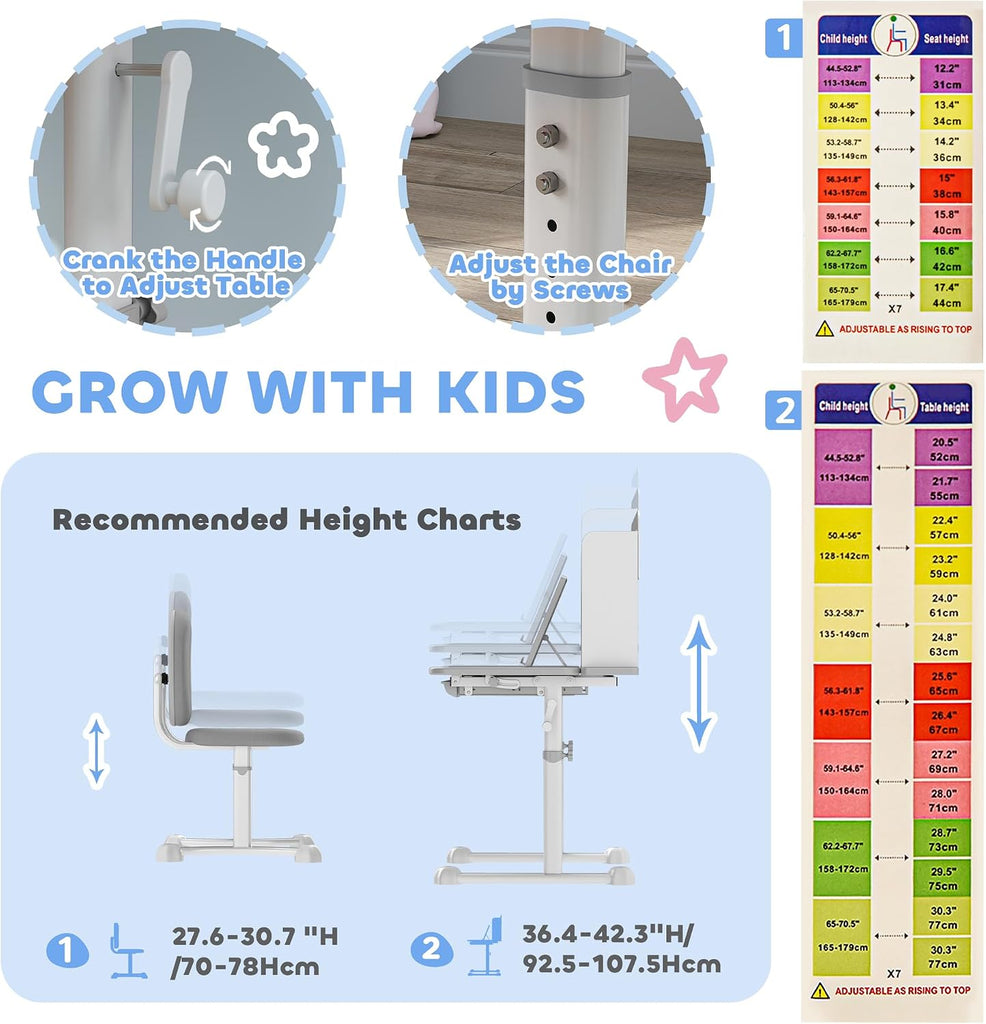 Kids Desk and Chair Set Height Adjustable Tilt Desktop Gray