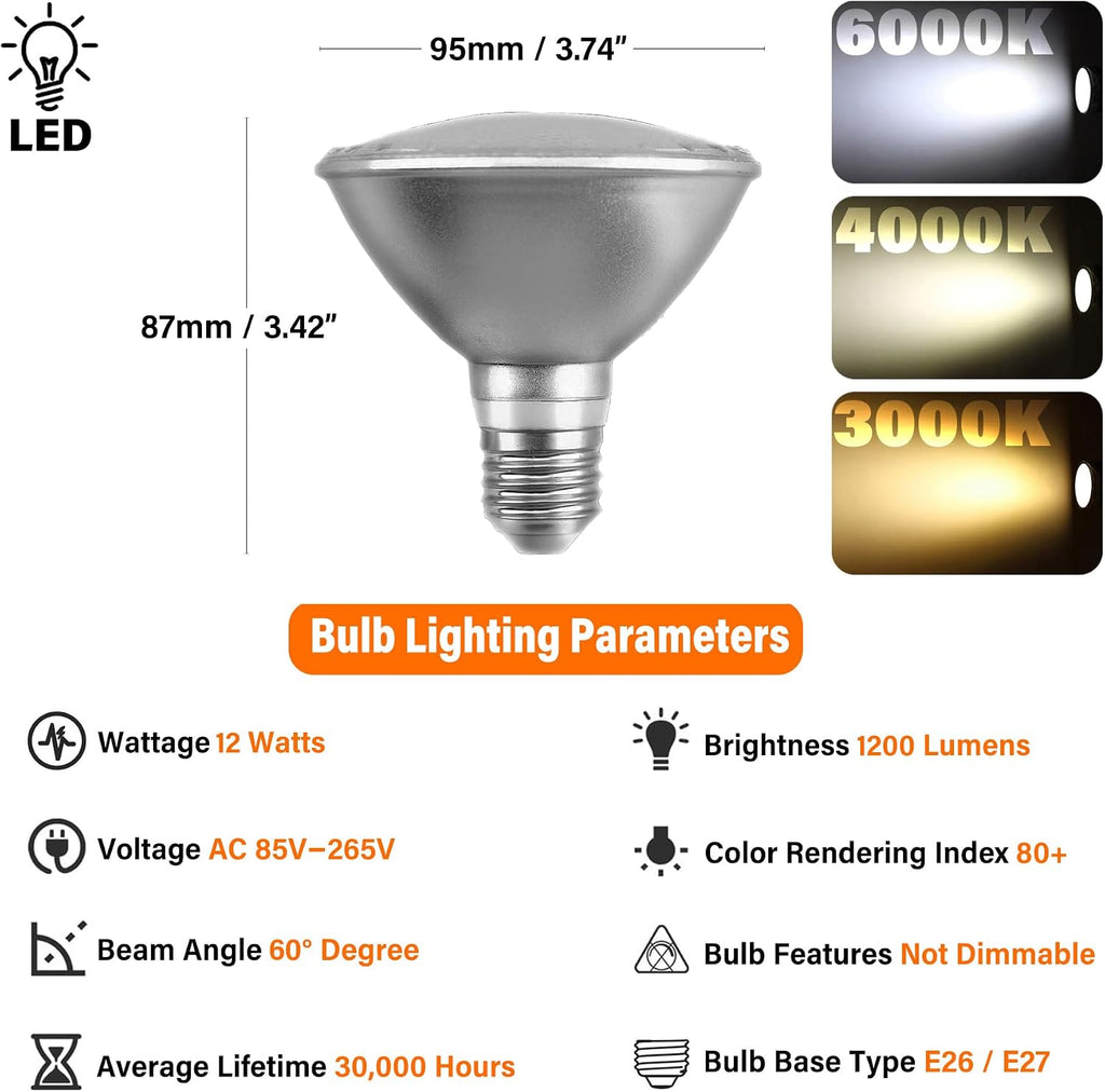 ) PAR30 Flood Light LED Bulb 12 Watt 1200 Lumens (75 Watt Eqv.) Indoor/Outdoor Spotlight Bulb, AC 85V-265V