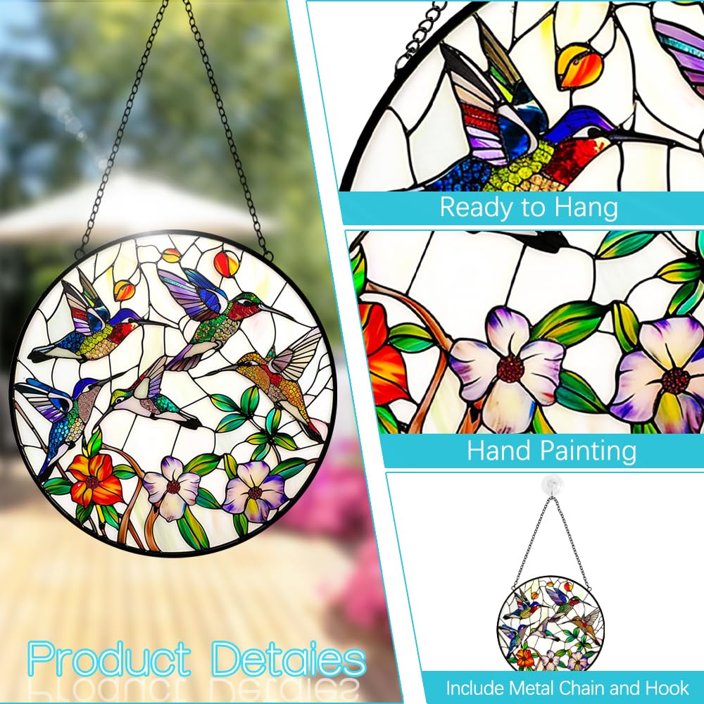 Hummingbird and Flowers Stained Glass Window Hanging - 8′′ Hummingbird Suncatcher Indoor Window Hanging Decor Birds