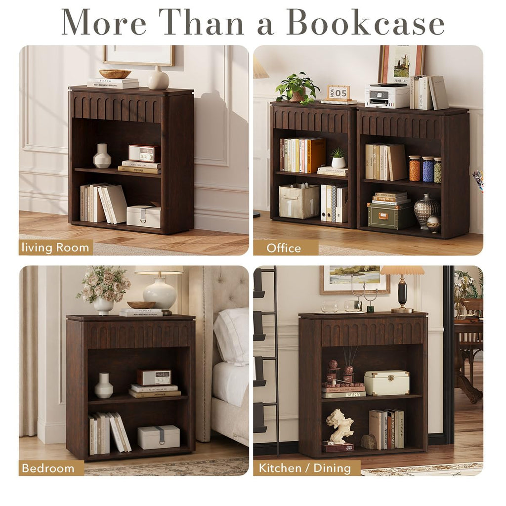 3 Tier Wood Bookshelf, Short Bookcase, Brown Cherry
