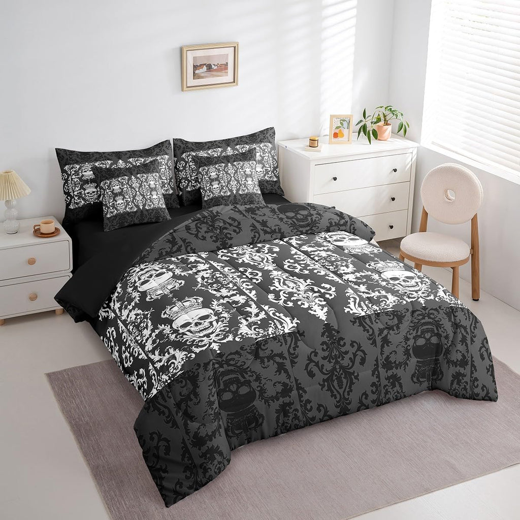 Gothic Skull Bed in a Bag King Size Comforter Set 7 Pieces, Grey White Damask Bohemian Vintage Flowers Bedding