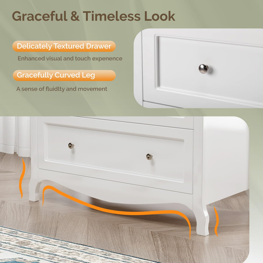 White Dresser 3 Drawer Chest of Drawers, Painted Wood Dresser with Large Drawers and Curved Legs, 31.5" W Large