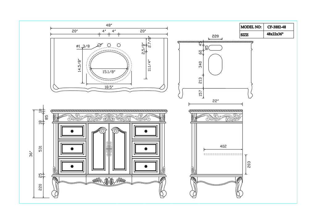 48" Traditional Style Antique White Beckham Bathroom Sink Vanity