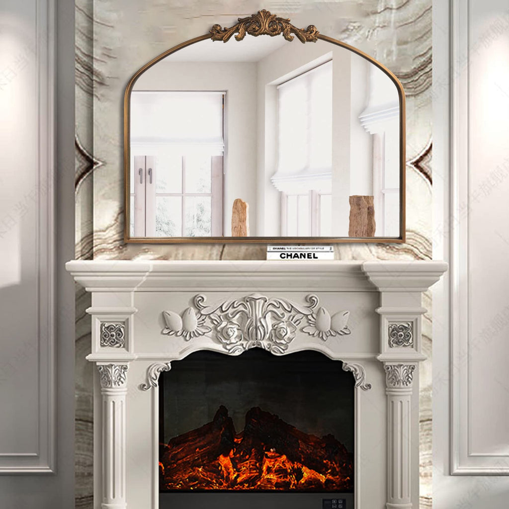 Gold Arched Mirror, Baroque Brass Fireplace Mirror Decor, Victorian Vintage Mirrors with Full Matel Frame, Ornate
