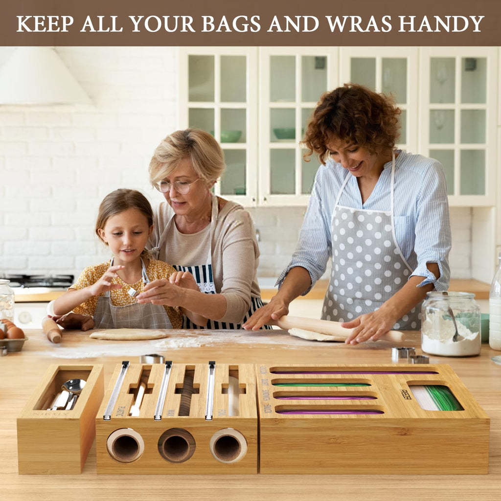 9 IN 1 Bamboo Foil and Plastic Wrap Organizer Drawer, Plastic Bag Organizer Organization and Storage, Food Storage