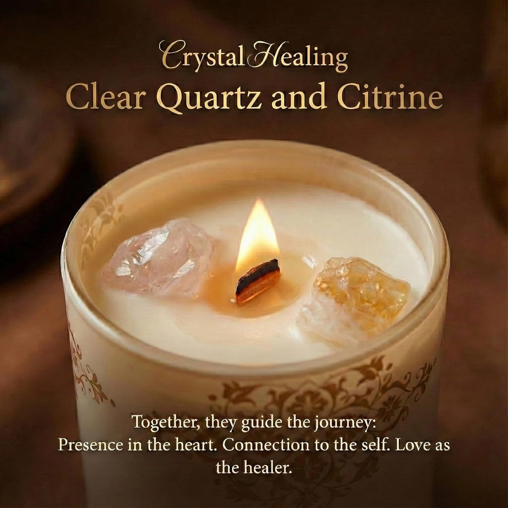 Healing Crystal Candle Gift for Women - Vanilla Cashmere Luxury Soy Candle with Crystals - Rose Quartz & Citrine - Set of 74