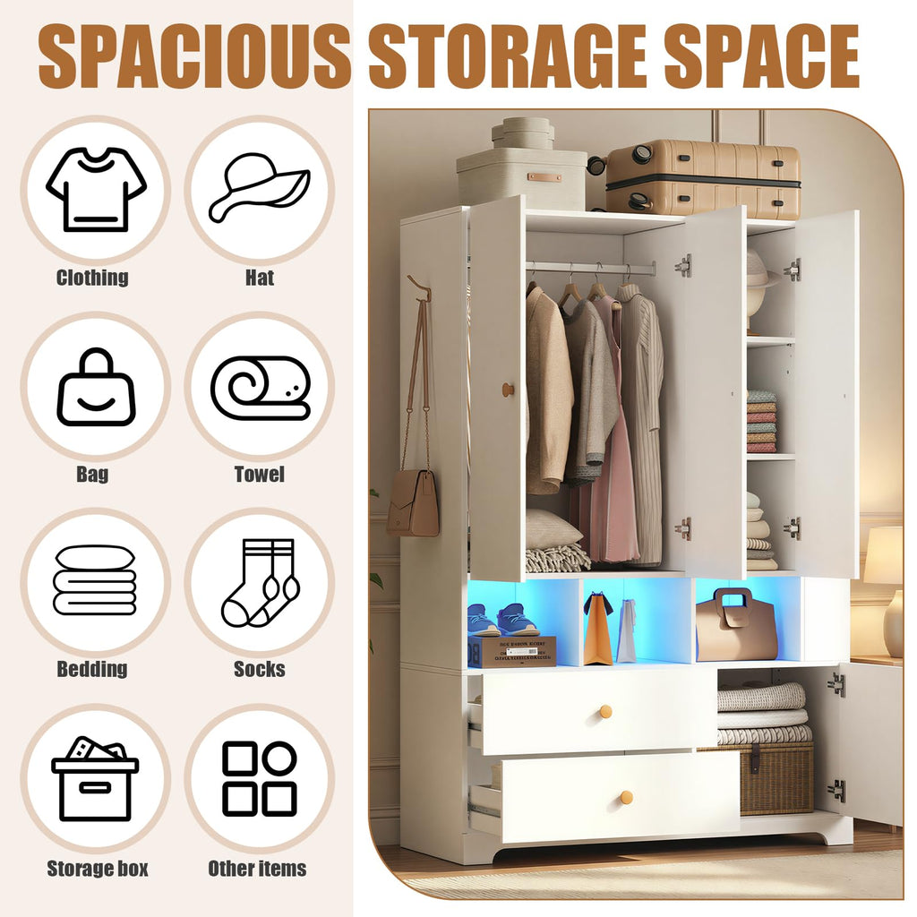 3‐Door Armoire Wardrobe Closet, 71" Bedroom Cabinet with Mirror
