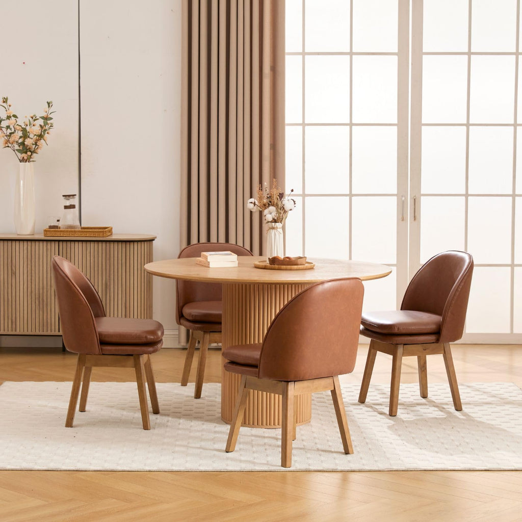 Swivel Dining Chairs Set of 4, Faux Leather Kitchen Chairs with Solid Wood Legs, Mid Century Modern Upholstered