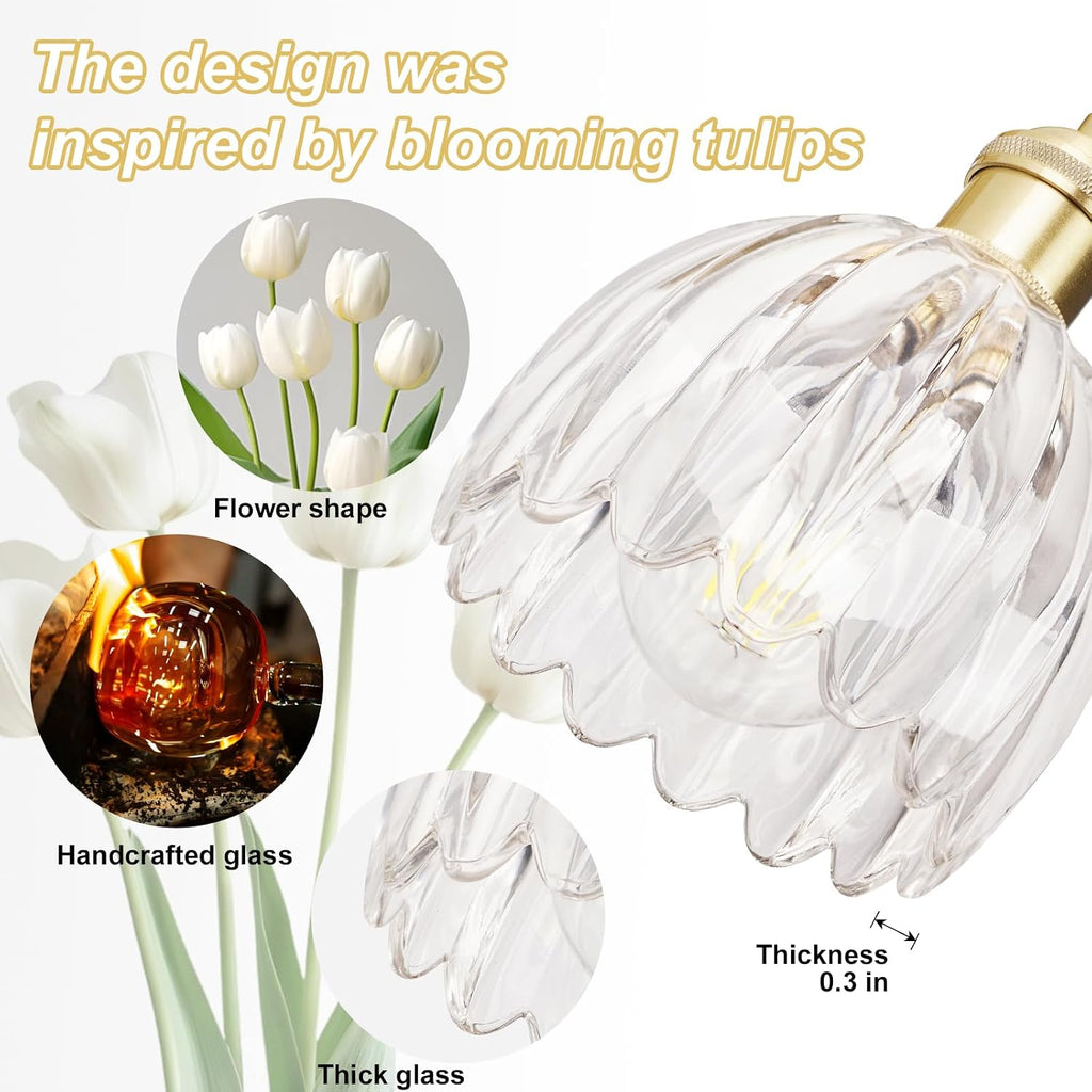 Hardwired wall sconces set of two, Gold Wall Lamp , ETL Listed | Clear Tulip Glass Shade, 90° Adjustable, Not Battery