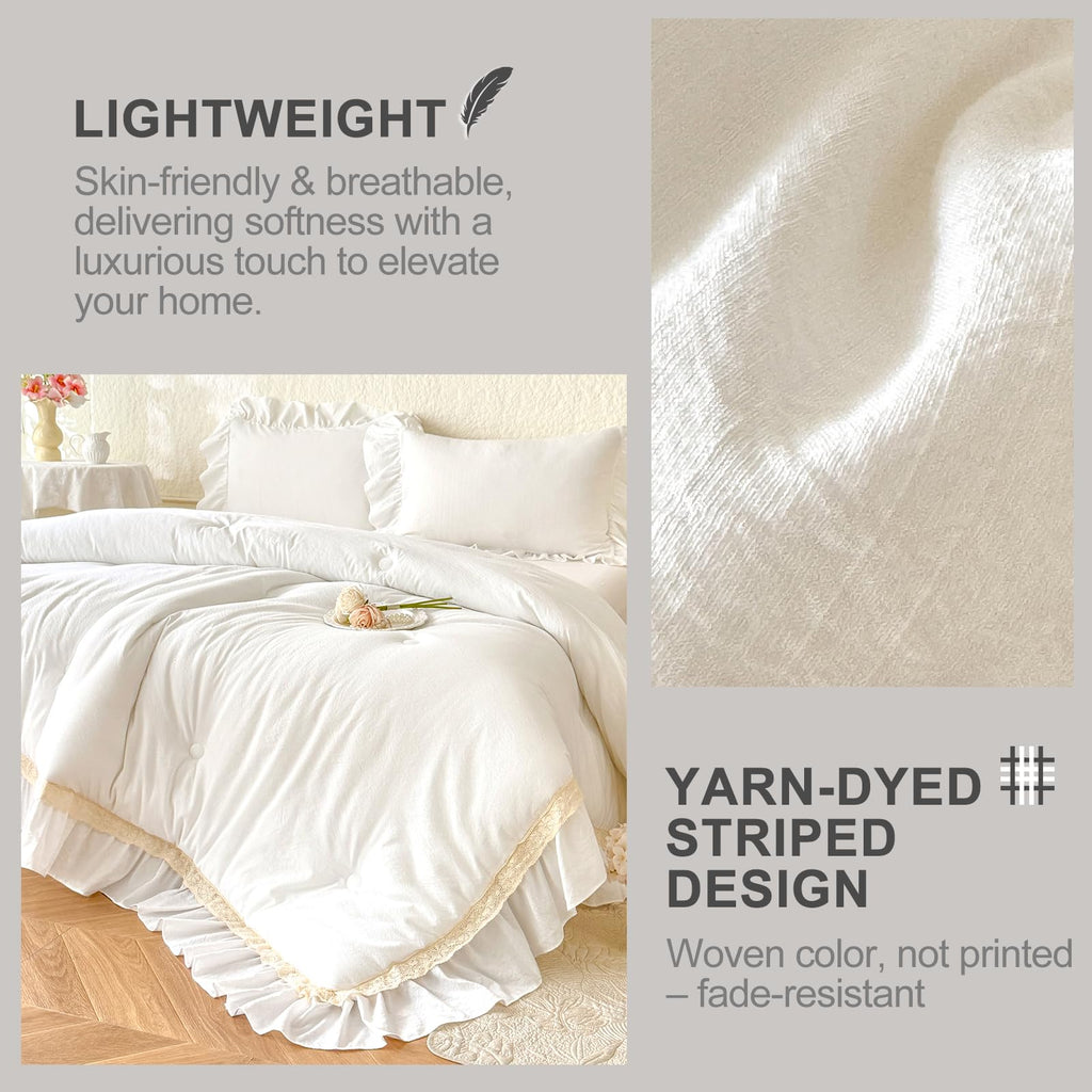 Ruffle Comforter Set 3 Piece - White Boho Farmhouse Bedding with Lace Trim & Pintuck Details (80"x90")