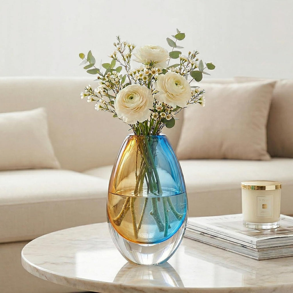 Hand Blown Art Glass Vase, Murano Inspired vase, Amber Blue Decorative Accent with Oval Silhouette for Dining Table