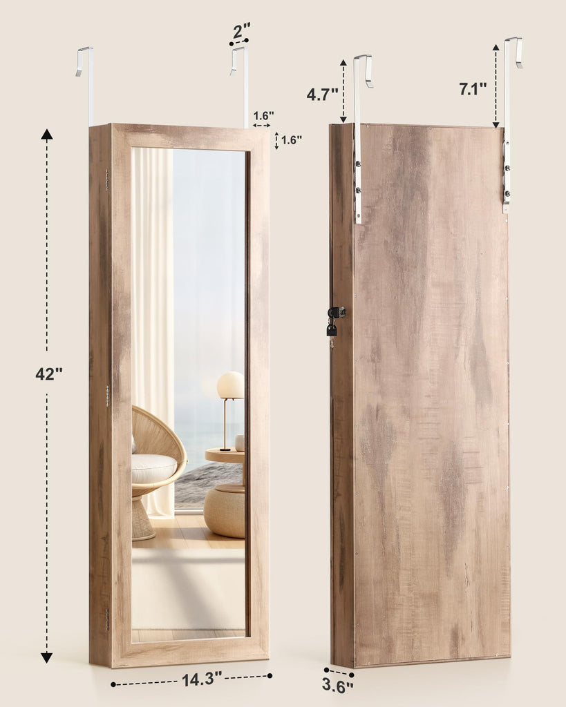 6 LEDs Jewelry Armoire, Hanging Mirror Jewelry Cabinet, Oak