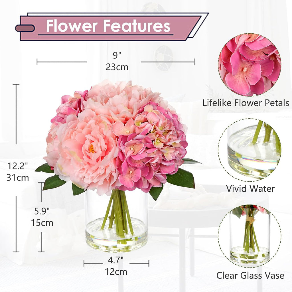 Pink Hydrangea Peonies Artificial Flowers Real Touch Fake Flowers Arrangements in Vase with Faux Water Peony
