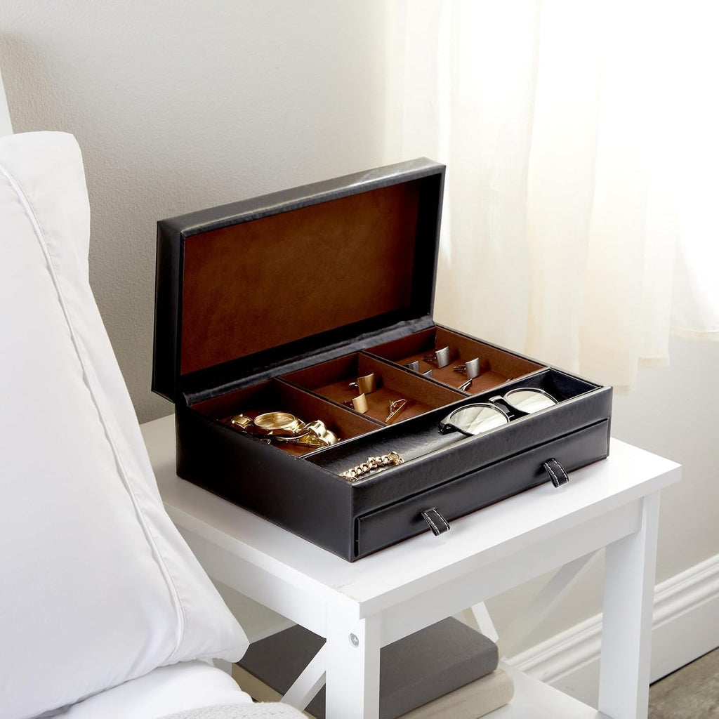 Jewelry Box Organizer and Holder - Black Watch Box with Leather Valet Tray Improvement - 12.6 x 9 x 4 In - Mens