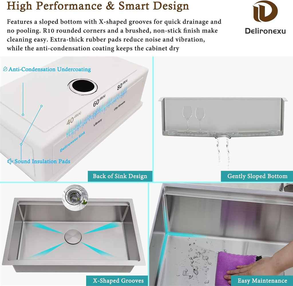 33x19 Undermount Kitchen Sink, 33 Inch Kitchen Sink Workstation, 16 Gauge 304 Stainless Steel Undermount Kitchen Sink