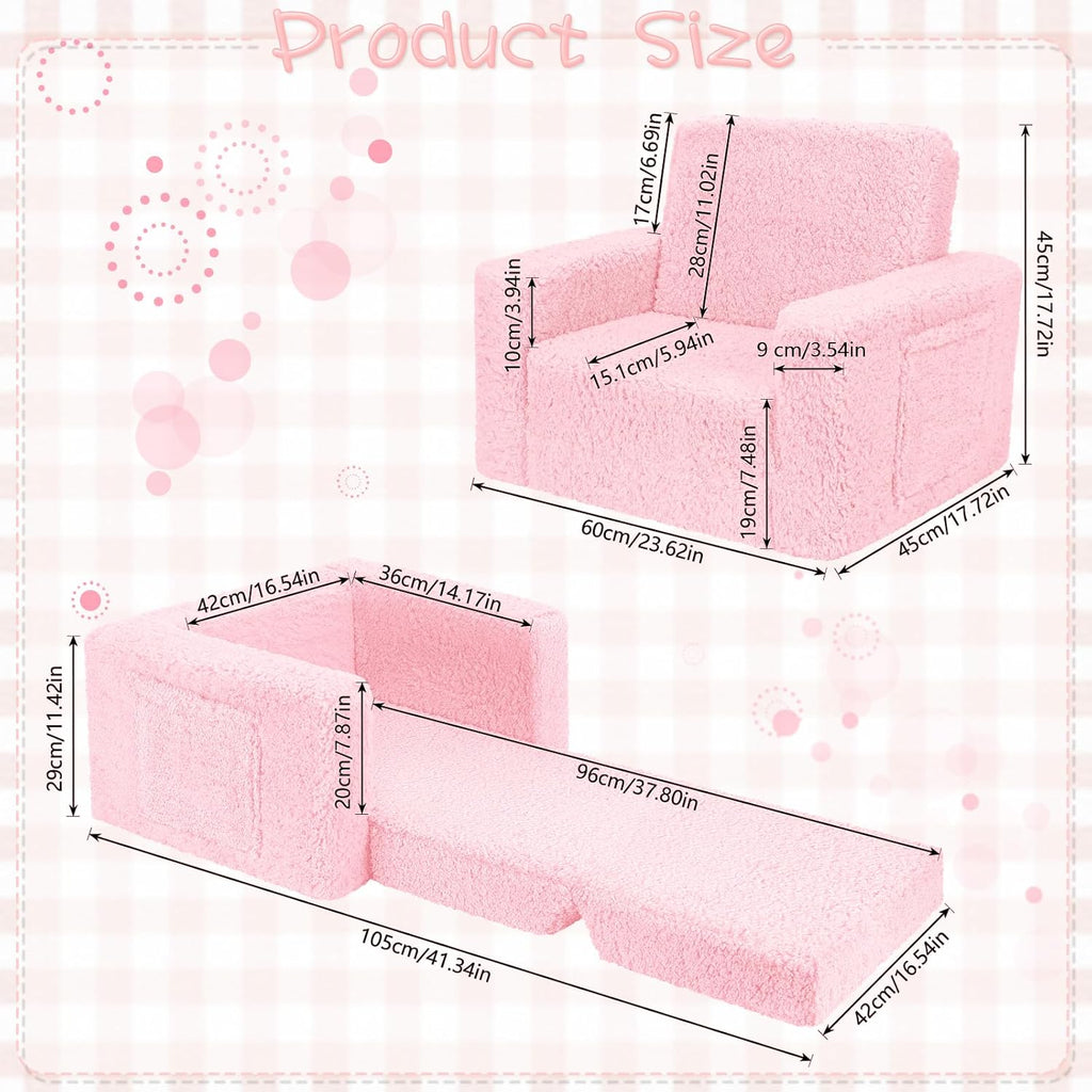 Toddler Couch Convertible Sofa to Lounger Pull Out Couch Sherpa Cover Dark Pink