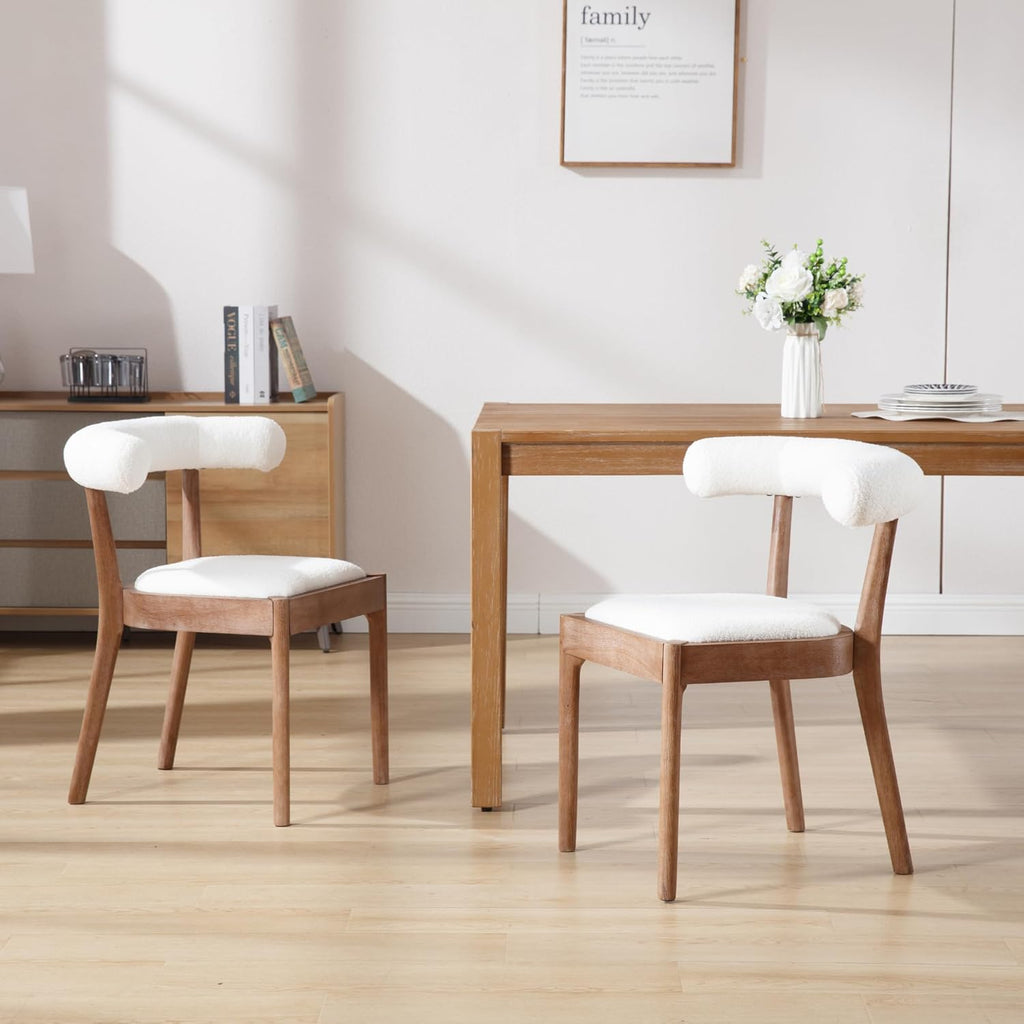 Kmax Dining Room Chairs Mid-Century Modern Sherpa Kitchen Chairs with Natural Walnut Finished Frame, Fur Curved Back