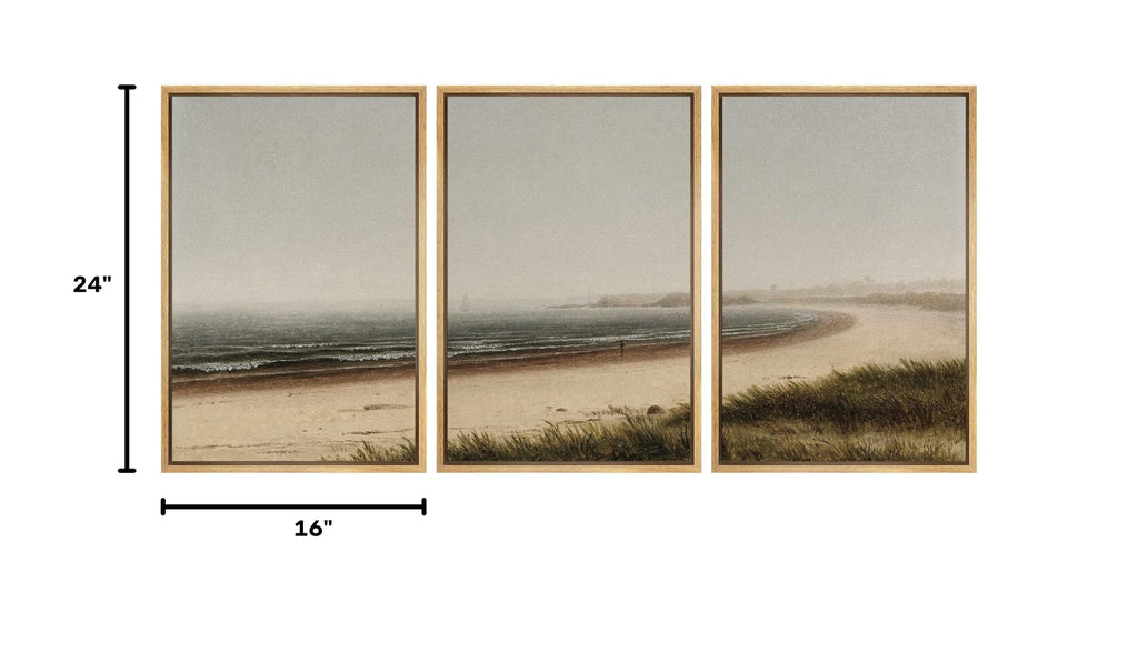 Framed Canvas Print Wall Art Set Misty Beach Horizon Nature Wilderness Illustrations Fine Art Decorative Seascape