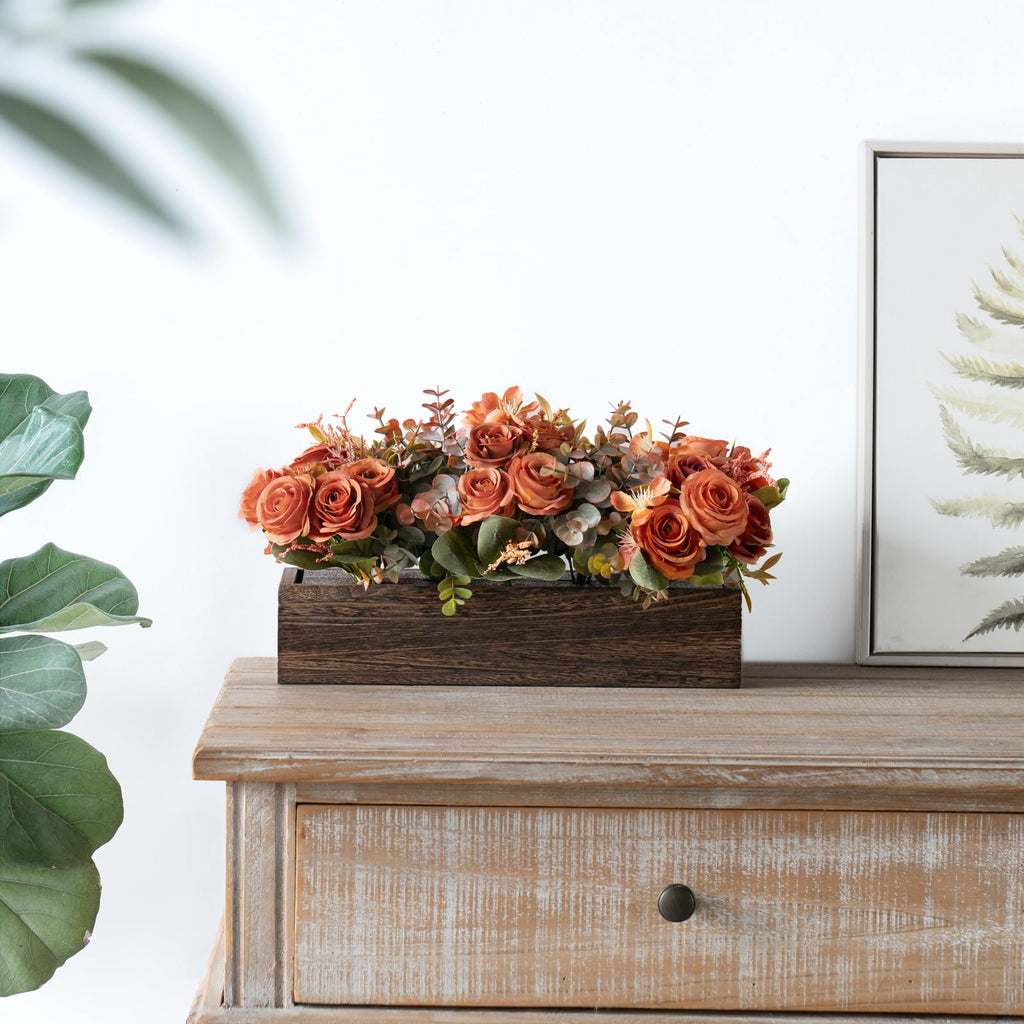 Artificial Flowers in Wood Box, Fall Centerpieces for Table Decor